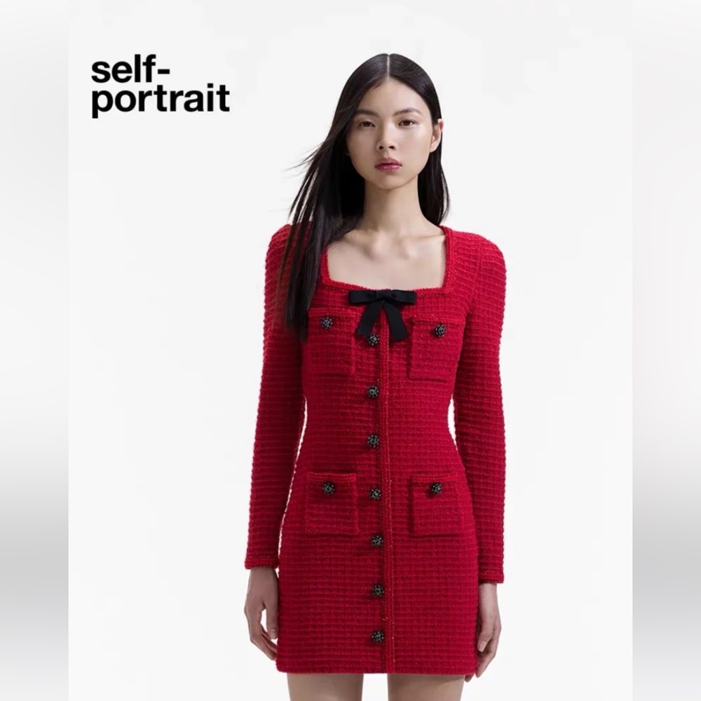 Self Portrait Knit Mini dress with bow in red size XS